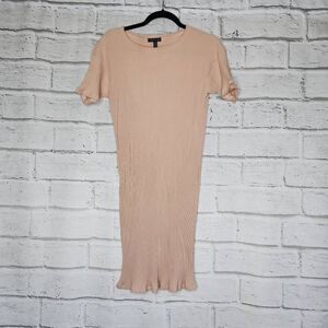 Eileen Fisher Tencel Shoty Sleeve Stretch Ribbed Dress Beige Womens Mini Size XS